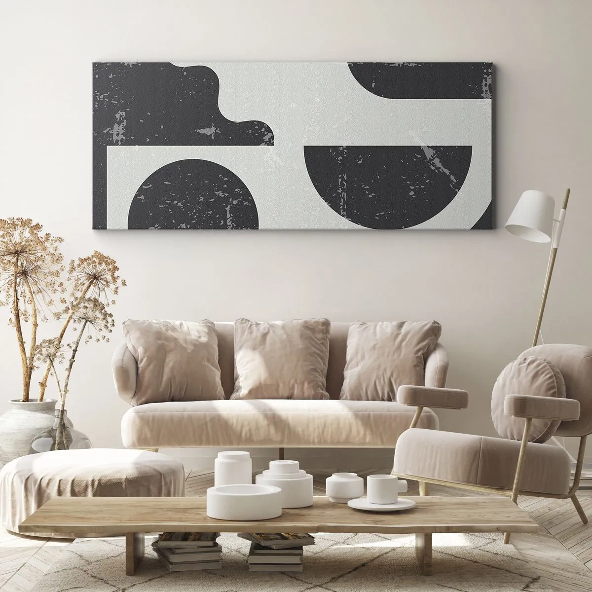 Bild auf Leinwand - Leinwandbild - Geometrische Muster in Schwarz- und Grautönen - 140x50cm - Komposition oben und unten - Moderne Wanddekoration für Wohnzimmer und Schlafzimmer ARTTOR