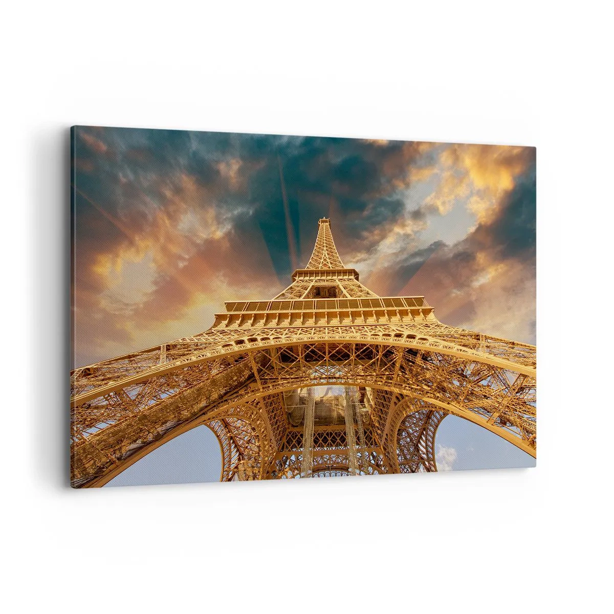 Bild auf Leinwand - Leinwandbild - Der Eiffelturm von unten vor der Kulisse der untergehenden Sonne - 120x80cm - Wie die Menschheit den Himmel erreichte - Moderne Wanddekoration für Wohnzimmer und Schlafzimmer ARTTOR