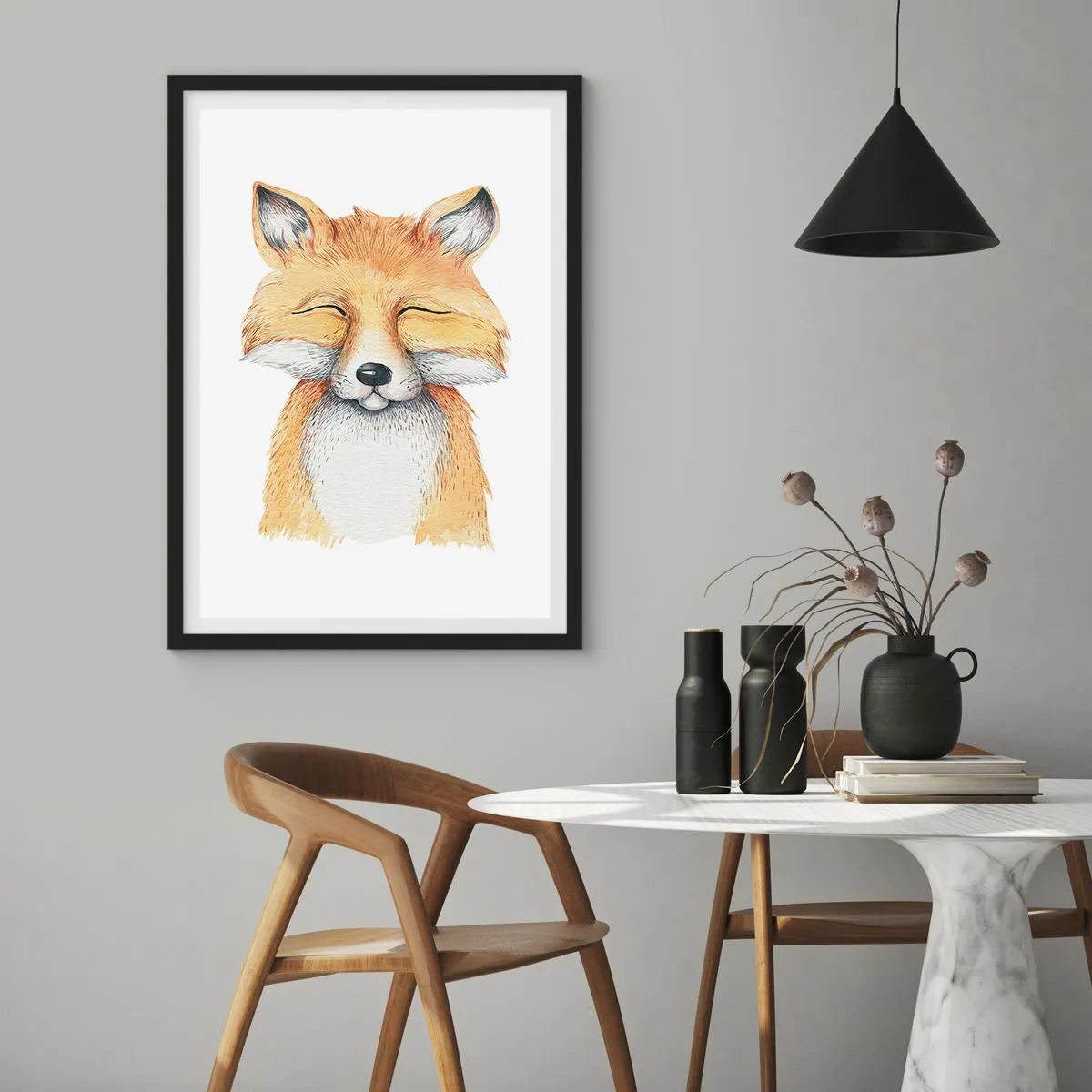 Poster in einem schwarzem Rahmen - Eine bezaubernde Zeichnung eines lächelnden Fuchses in sanften Farben - 50x70cm - Fuchsstimmungen - Moderne Wanddekoration für Wohnzimmer und Schlafzimmer ARTTOR