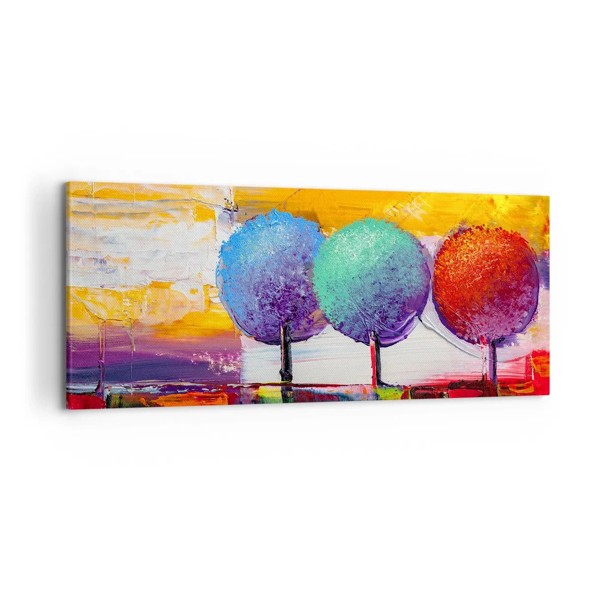 Bild auf Leinwand - Leinwandbild - Drei bunte Bäume auf abstraktem Hintergrund - 120x50cm - Aller guten Dinge sind drei - Moderne Wanddekoration für Wohnzimmer und Schlafzimmer ARTTOR