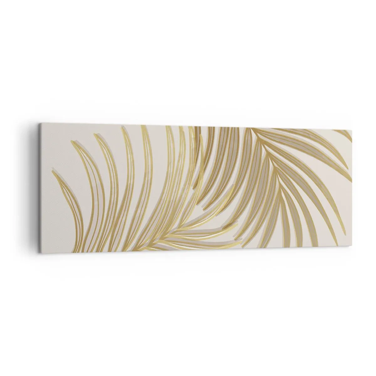 Bild auf Leinwand - Leinwandbild - Goldene Palmblätter auf hellem Hintergrund im minimalistischen Stil - 140x50cm - Goldene Palme! - Moderne Wanddekoration für Wohnzimmer und Schlafzimmer ARTTOR