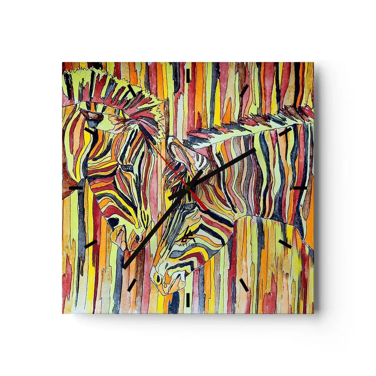 Wanduhr - Glasuhr - Bunte Zebras vor einem Hintergrund aus abstrakten Streifen - 30x30cm - Also du auch... - Moderne Wanddekoration für Wohnzimmer und Schlafzimmer ARTTOR