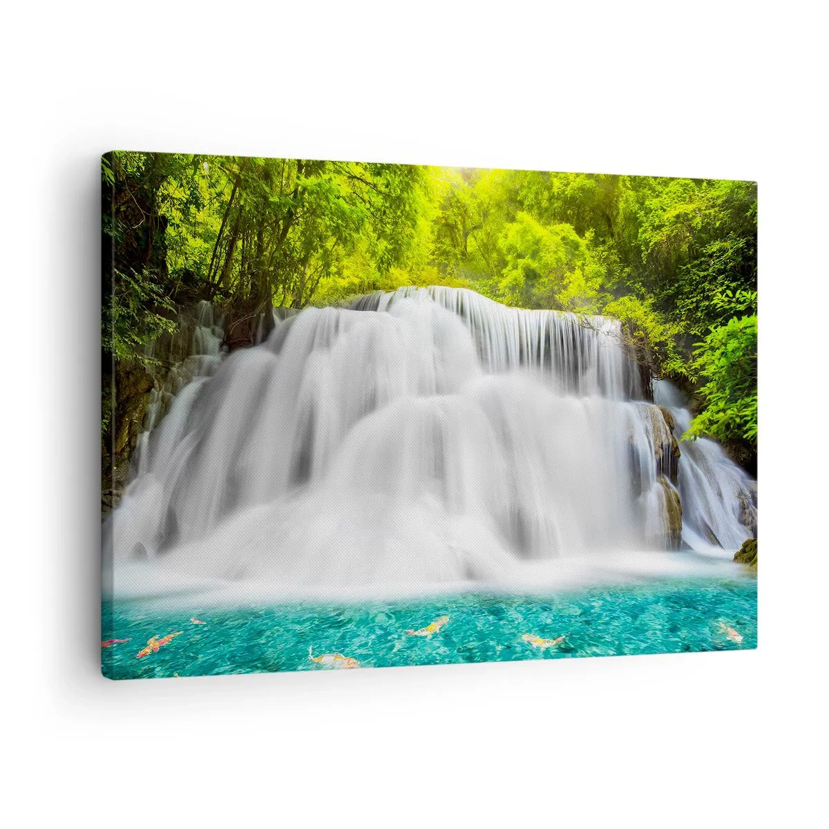 Bild auf Leinwand - Leinwandbild - Ein Wasserfall in einem tropischen Wald mit türkisfarbenem Wasser - 70x50cm - Eine schaumige Kaskade von grün bis azurblau - Moderne Wanddekoration für Wohnzimmer und Schlafzimmer ARTTOR