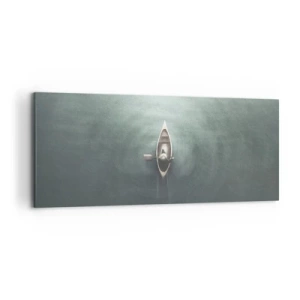 Bild auf Leinwand - Leinwandbild - Ein einsames Boot auf ruhigem Wasser in minimalistischer Umgebung - 120x50cm - Durch den Mondsee - Moderne Wanddekoration für Wohnzimmer und Schlafzimmer ARTTOR