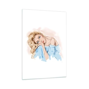 Glasbild - Bild auf glas - Porträt einer Blondine im blauen Kleid mit nachdenklichem Blick - 50x70cm - Verträumt im Blau - Moderne Wanddekoration für Wohnzimmer und Schlafzimmer ARTTOR