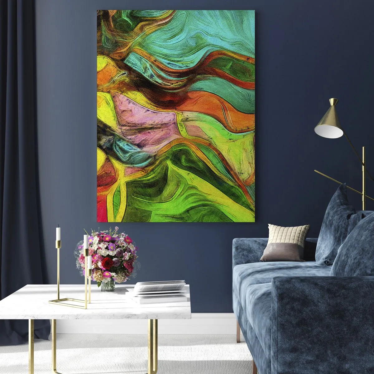 Glasbild - Bild auf glas - Eine abstrakte Komposition mit intensiven, mehrfarbigen Wellen. - 50x70cm - Bewegung ist Leben - Moderne Wanddekoration für Wohnzimmer und Schlafzimmer ARTTOR