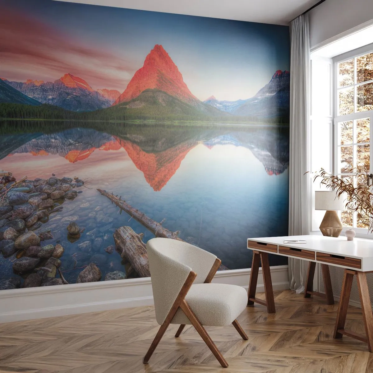 Fototapete Premium Sand - Berglandschaft mit Spiegelung im See - 100x70cm - Hitze und Kälte - Moderne Wanddekoration für Wohnzimmer und Schlafzimmer ARTTOR