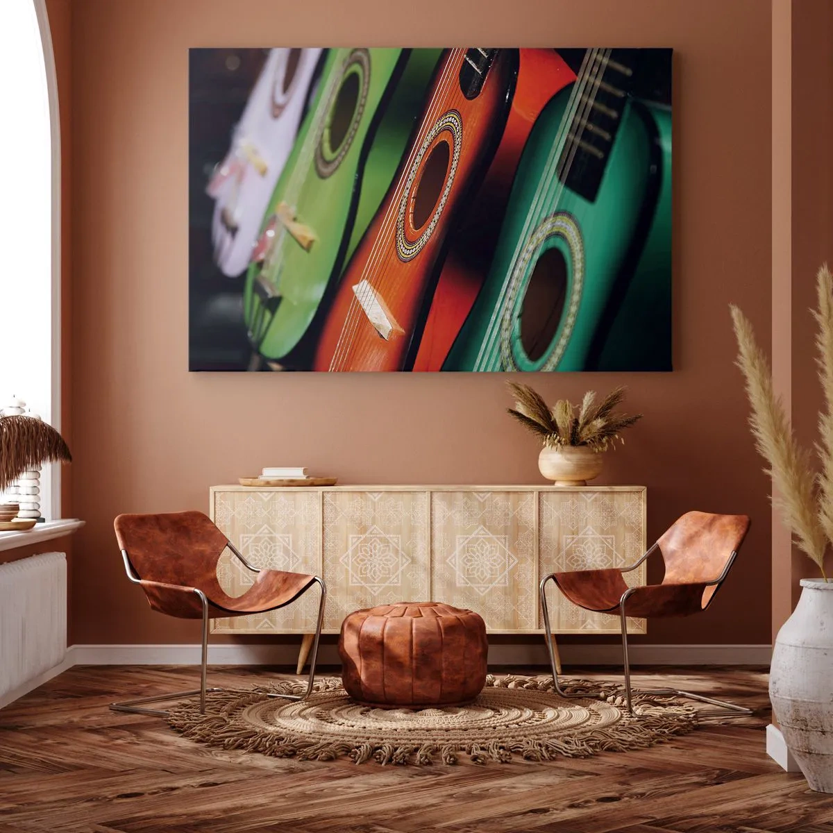 Bild auf Leinwand - Leinwandbild - Bunte Gitarren in verschiedenen Farbtönen in einer Reihe angeordnet - 100x70cm - Die Gitarre hat viele Farben - Moderne Wanddekoration für Wohnzimmer und Schlafzimmer ARTTOR