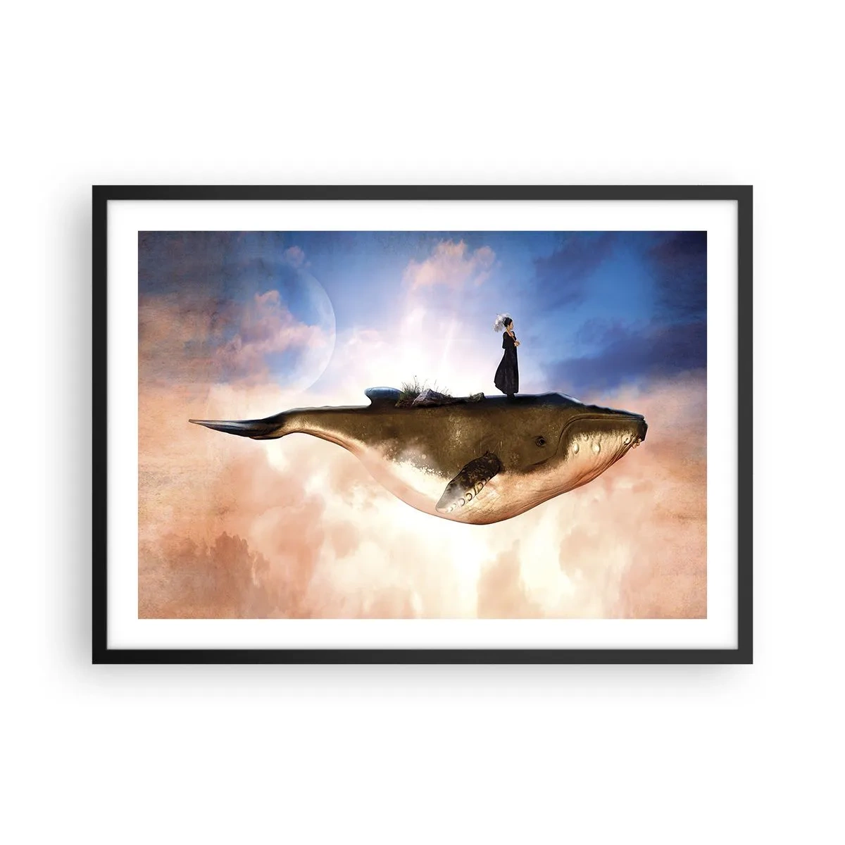 Poster in einem schwarzem Rahmen - Eine fantastische Szene einer Frau auf einem Wal zwischen den Wolken - 70x50cm - Eine echte Reise - Moderne Wanddekoration für Wohnzimmer und Schlafzimmer ARTTOR