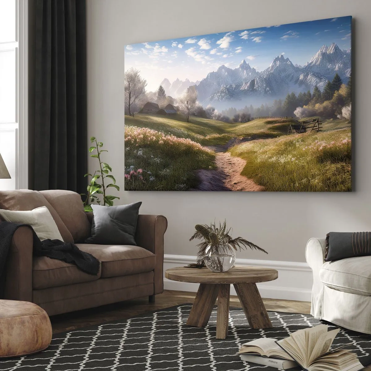 Bild auf Leinwand - Leinwandbild - Ein Bergtal mit Wiesen, Hütten und Blick auf die Gipfel - 100x70cm - Idyllisches Tal - Moderne Wanddekoration für Wohnzimmer und Schlafzimmer ARTTOR