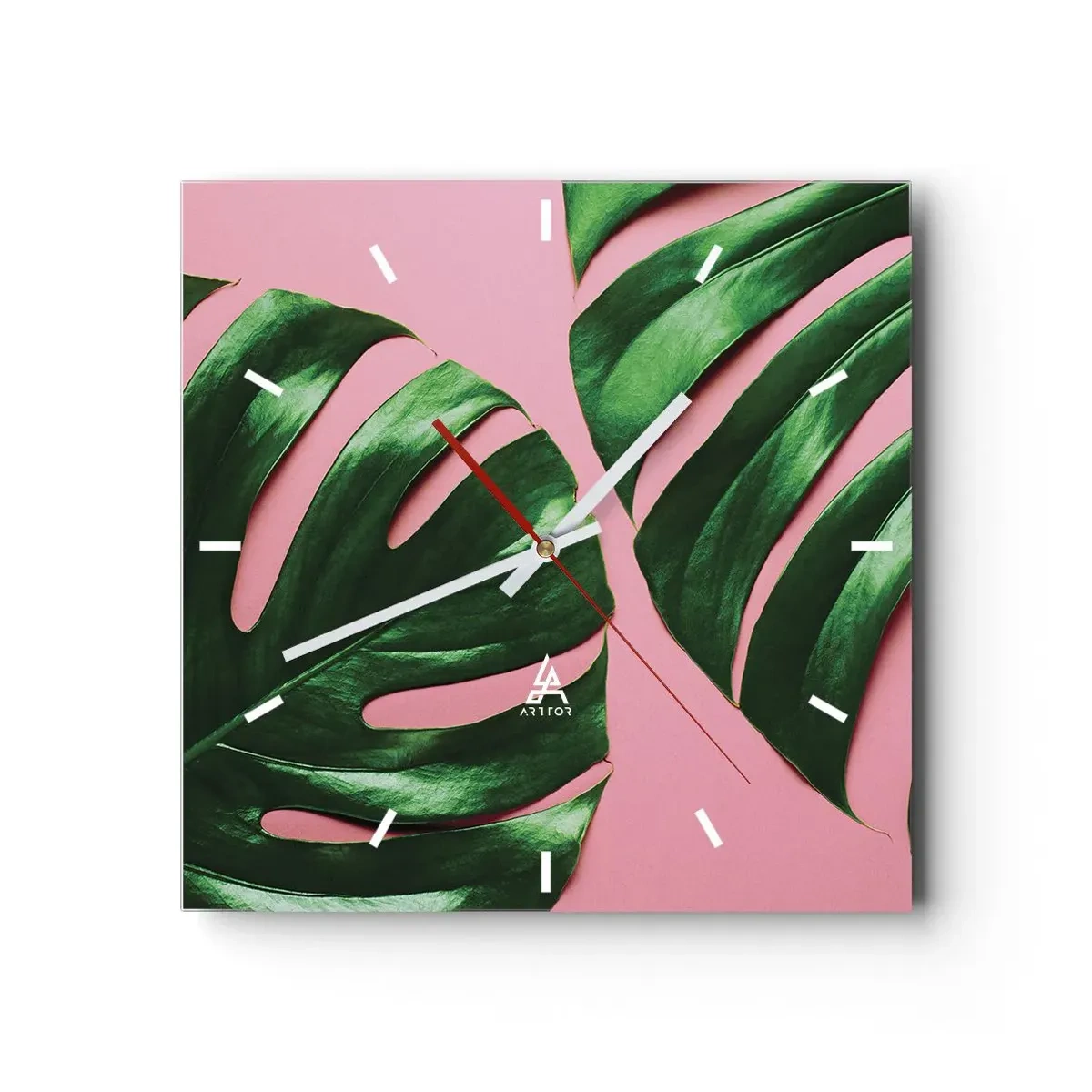 Wanduhr - Glasuhr - Grüne Monstera-Blätter auf rosa Hintergrund - 30x30cm - Rendezvous im Grünen - Moderne Wanddekoration für Wohnzimmer und Schlafzimmer ARTTOR
