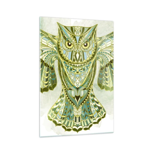 Glasbild - Bild auf glas - Dekorative Eule in Blautönen - 70x100cm - Aus einem keltischen heiligen Hain - Moderne Wanddekoration für Wohnzimmer und Schlafzimmer ARTTOR