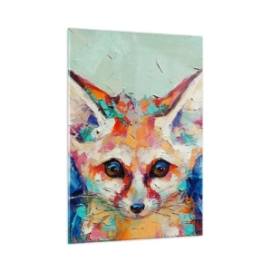 Glasbild - Bild auf glas - Farbenfrohes Porträt eines Fuchses mit ausdrucksstarken Augen und kräftigen Pinselstrichen - 50x70cm - Bist du bereit für mich? - Moderne Wanddekoration für Wohnzimmer und Schlafzimmer ARTTOR