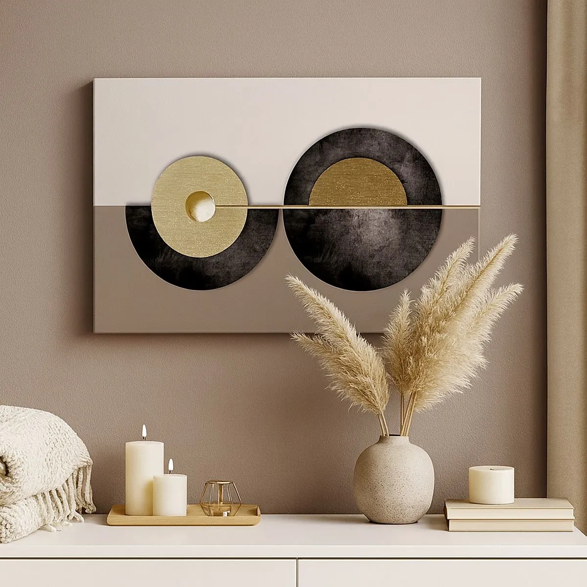 Bild auf Leinwand - Leinwandbild - Abstrakte Kreise in Gold- und Brauntönen - 70x50cm - Variationen rund um den Kreis - Moderne Wanddekoration für Wohnzimmer und Schlafzimmer ARTTOR