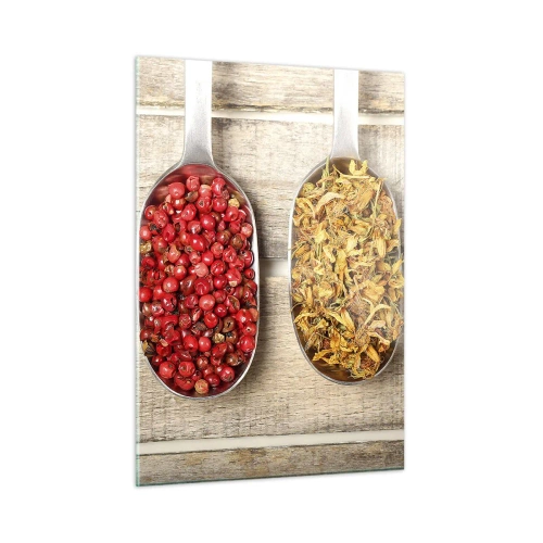 Glasbild - Bild auf glas - Drei Löffel mit Gewürzen auf rustikalem Holzhintergrund - 50x70cm - Küchenzauber - Moderne Wanddekoration für Wohnzimmer und Schlafzimmer ARTTOR