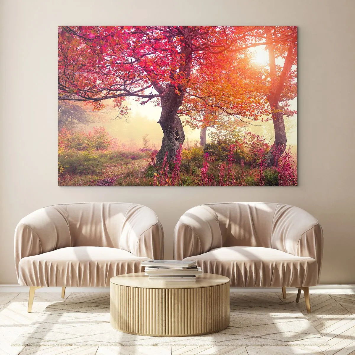 Glasbild - Bild auf glas - Herbstwald mit Sonnenstrahlen am Morgen - 100x70cm - Blühende Raserei - Moderne Wanddekoration für Wohnzimmer und Schlafzimmer ARTTOR