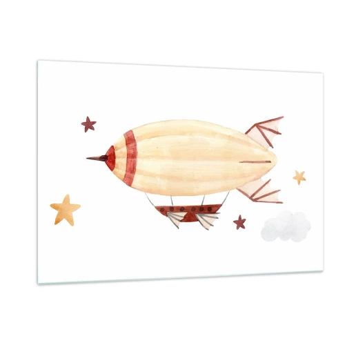 Glasbild - Bild auf glas - Ein Cartoon-Luftschiff zwischen den Sternen auf weißem Hintergrund - 120x80cm - Luftschiff - Moderne Wanddekoration für Wohnzimmer und Schlafzimmer ARTTOR