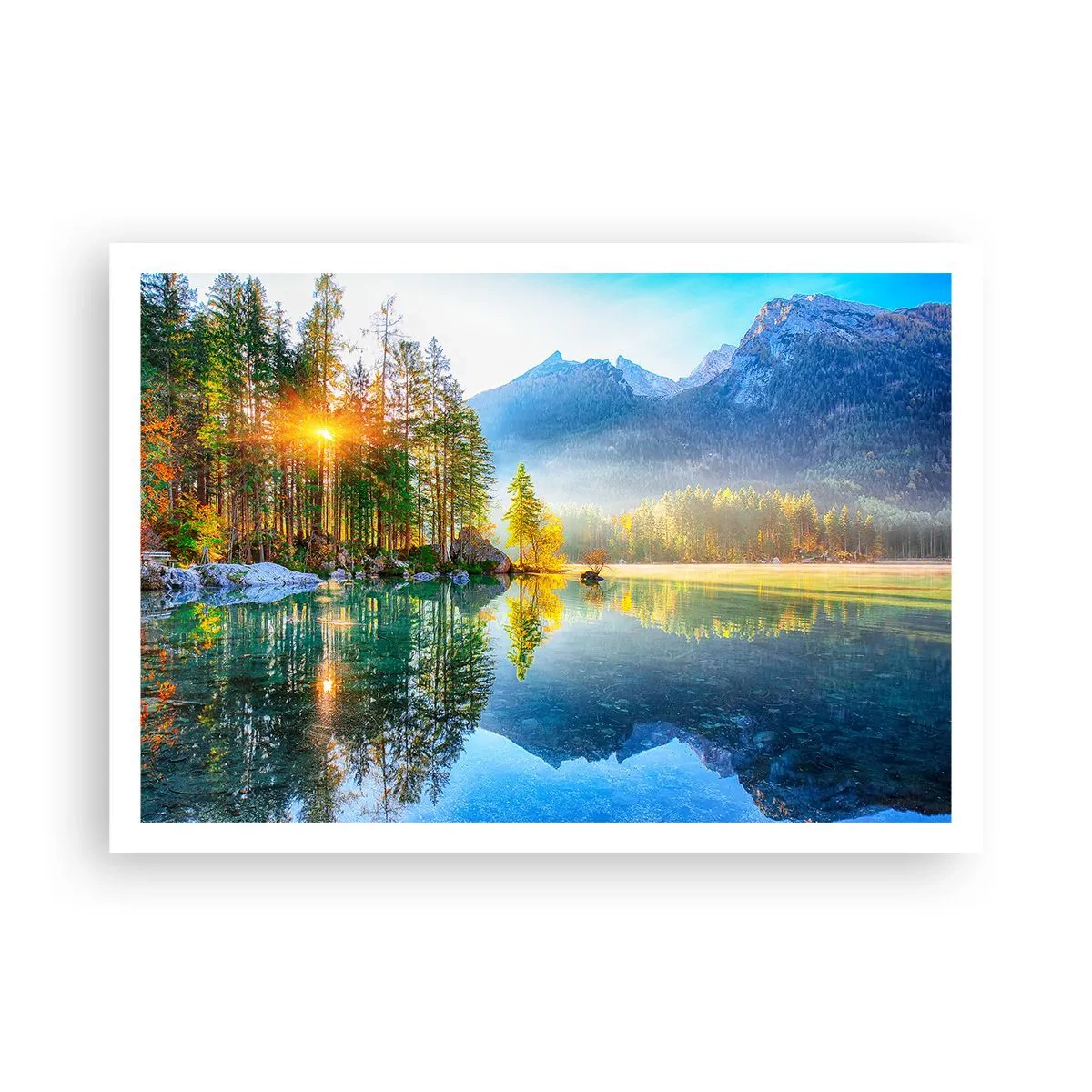 Poster - Ein See, umgeben von Bergen und Wäldern in den Strahlen der Sonne - 100x70cm - Majestät und Süße - Moderne Wanddekoration für Wohnzimmer und Schlafzimmer ARTTOR