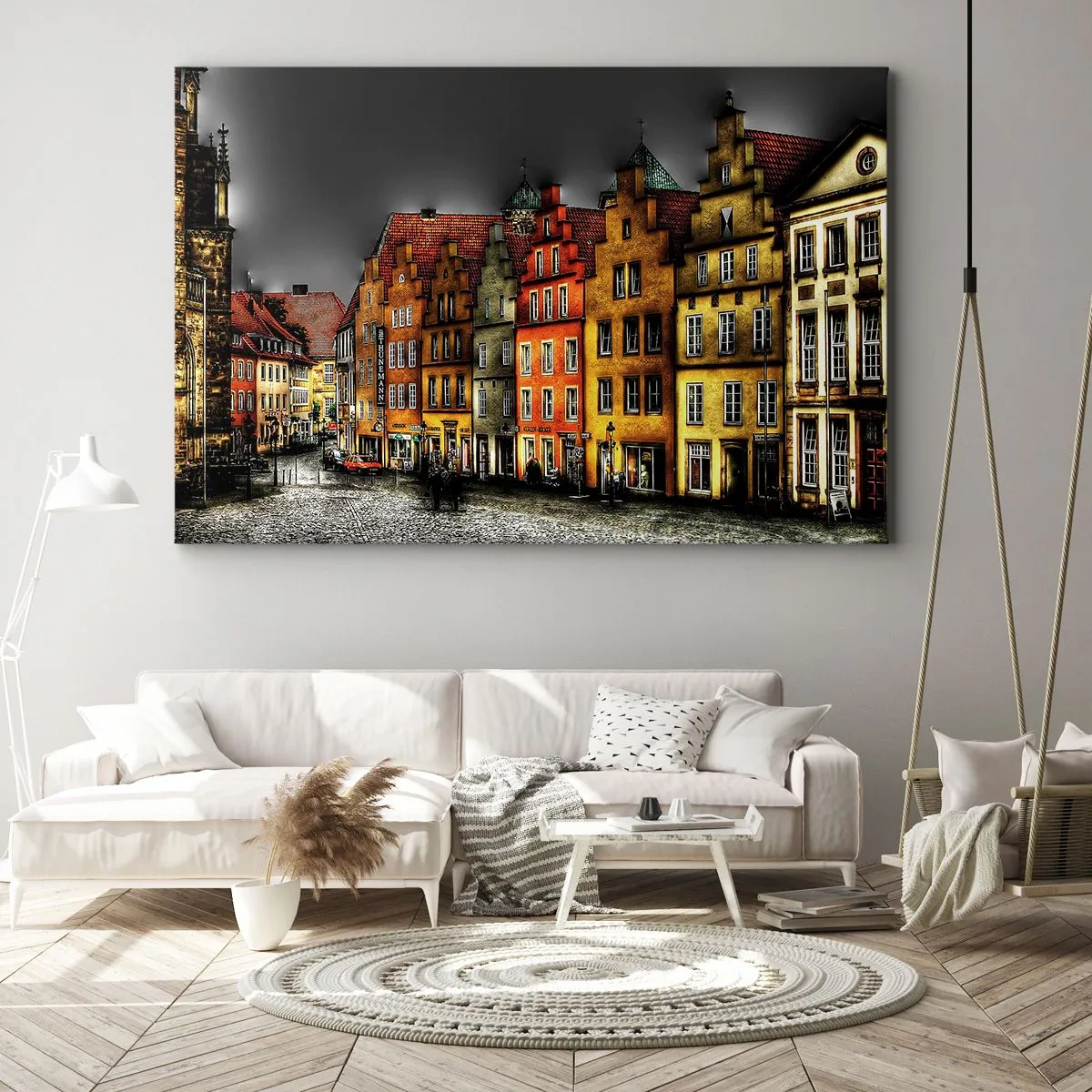 Bild auf Leinwand - Leinwandbild - Bunte Mietshäuser auf einer Kopfsteinpflasterstraße in der historischen Stadt - 70x50cm - Es fehlt nur noch ein verzaubertes Taxi - Moderne Wanddekoration für Wohnzimmer und Schlafzimmer ARTTOR