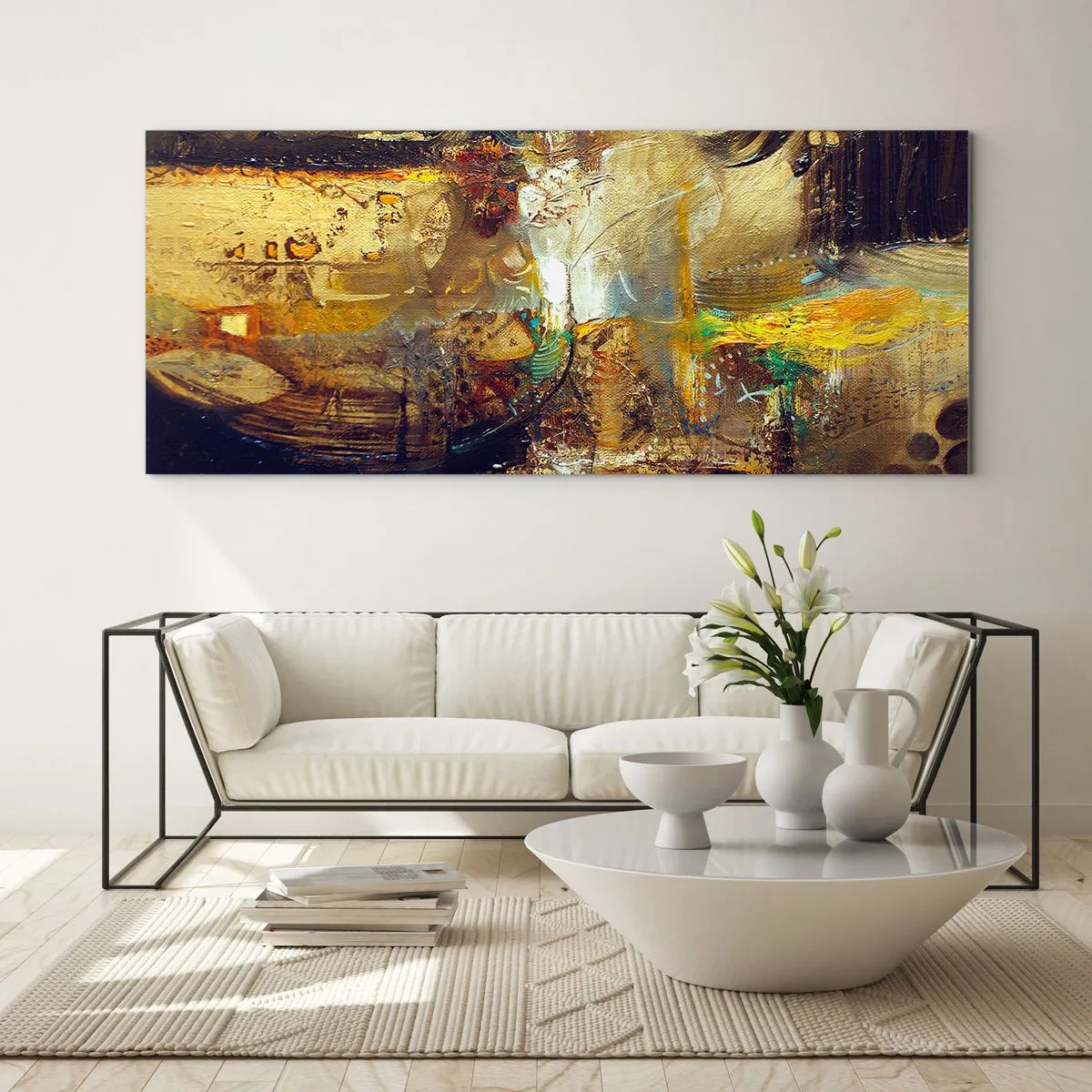 Glasbild - Bild auf glas - Abstraktes Stillleben in warmen Farben - 160x50cm - Kalt, wärmer, heiß - Moderne Wanddekoration für Wohnzimmer und Schlafzimmer ARTTOR