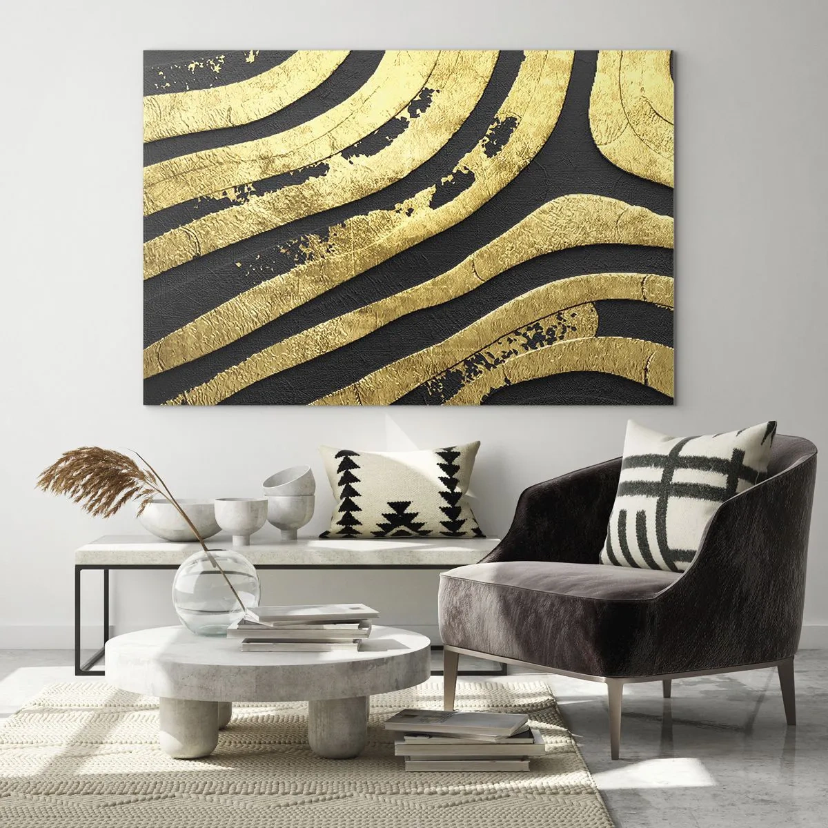 Glasbild - Bild auf glas - Goldene abstrakte Linien auf schwarzem Hintergrund im glamourösen Stil - 120x80cm - Alles fließt - Moderne Wanddekoration für Wohnzimmer und Schlafzimmer ARTTOR