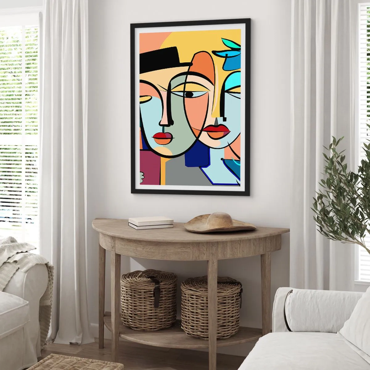 Poster in einem schwarzem Rahmen - Farbenfrohe abstrakte Komposition von Gesichtern im kubistischen Stil - 50x70cm - Picassos randez vous - Moderne Wanddekoration für Wohnzimmer und Schlafzimmer ARTTOR