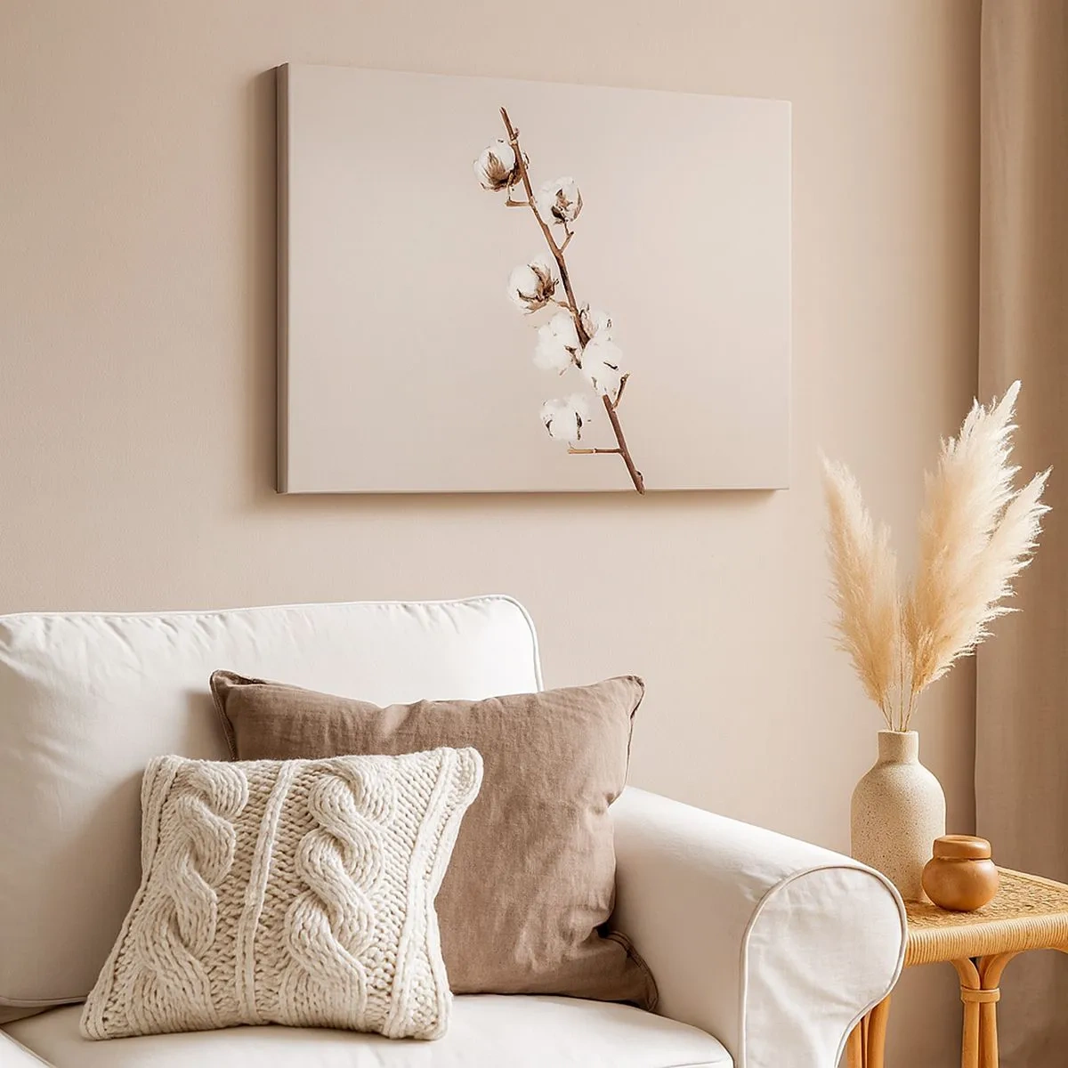 Bild auf Leinwand - Leinwandbild - Ein Zweig Baumwolle auf beigem Hintergrund - 70x50cm - An der Quelle der Weichheit - Moderne Wanddekoration für Wohnzimmer und Schlafzimmer ARTTOR