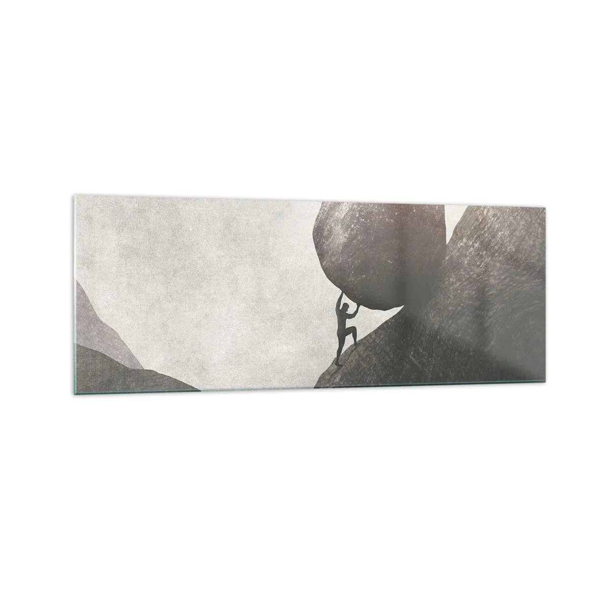 Glasbild - Bild auf glas - Ein Mann klettert einen riesigen Felsbrocken einen Hügel hinauf - 140x50cm - Ich glaube wider alle Hoffnung - Moderne Wanddekoration für Wohnzimmer und Schlafzimmer ARTTOR