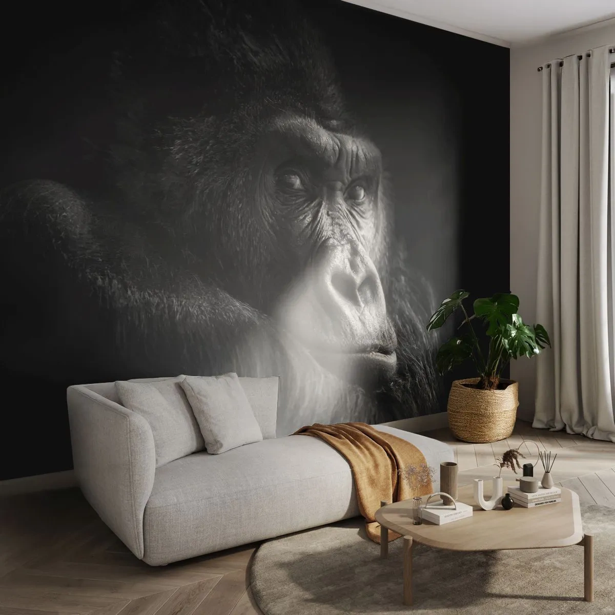 Fototapete Premium Sand - Porträt eines Gorillas in Schwarzweiß - 100x70cm - Und was guckst du so? - Moderne Wanddekoration für Wohnzimmer und Schlafzimmer ARTTOR