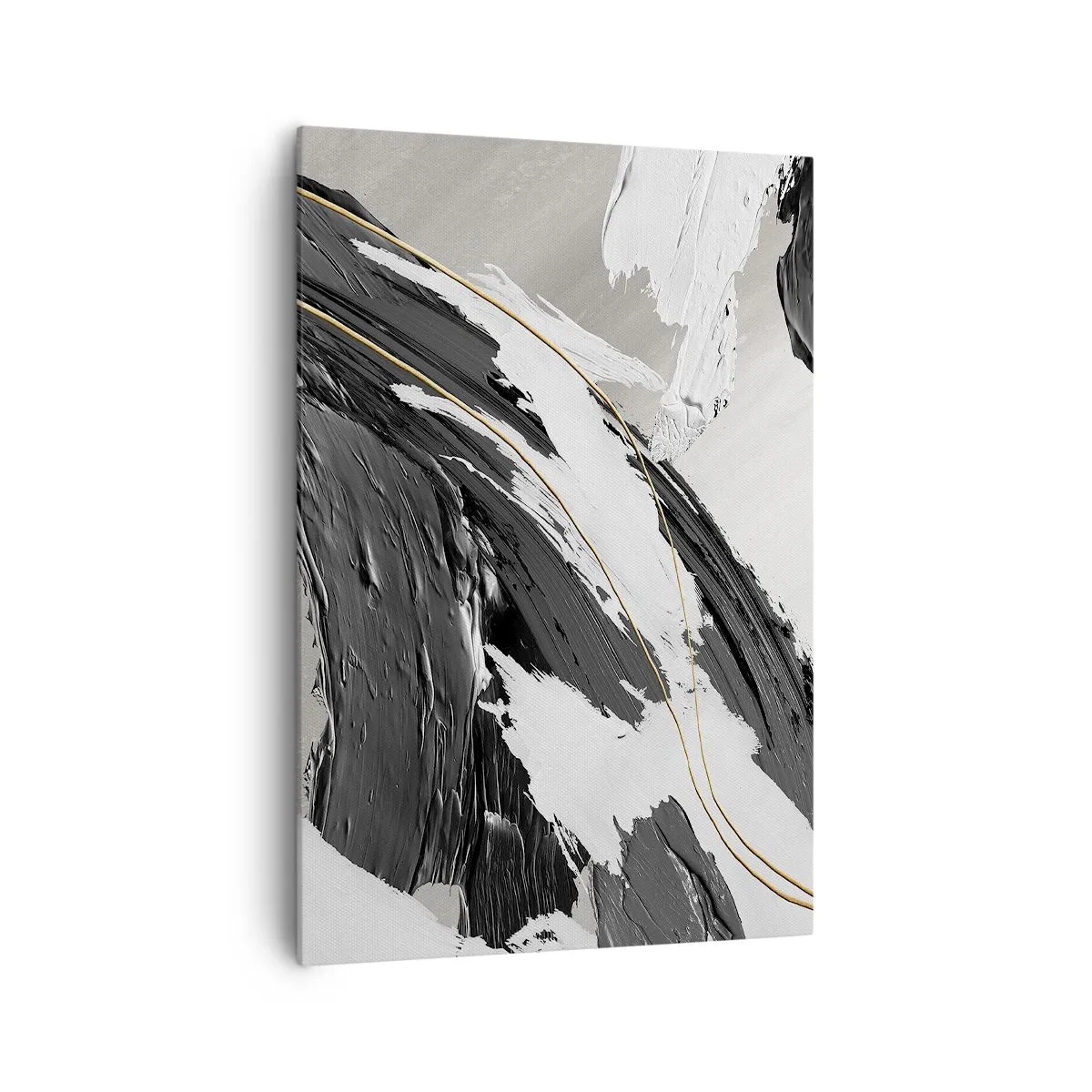 Bild auf Leinwand - Leinwandbild - Schwarze und weiße Pinselstriche mit einem subtilen goldenen Akzent - 70x100cm - Abstraktion in großem Stil - Moderne Wanddekoration für Wohnzimmer und Schlafzimmer ARTTOR