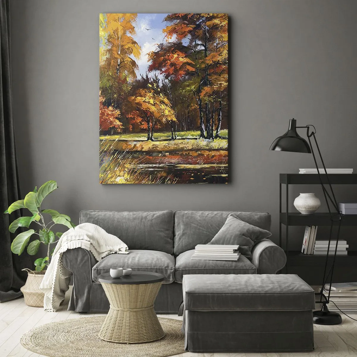 Bild auf Leinwand - Leinwandbild - Herbstlandschaft mit bunten Bäumen und einem Teich - 80x120cm - Landschaft in Gold und Bronze - Moderne Wanddekoration für Wohnzimmer und Schlafzimmer ARTTOR