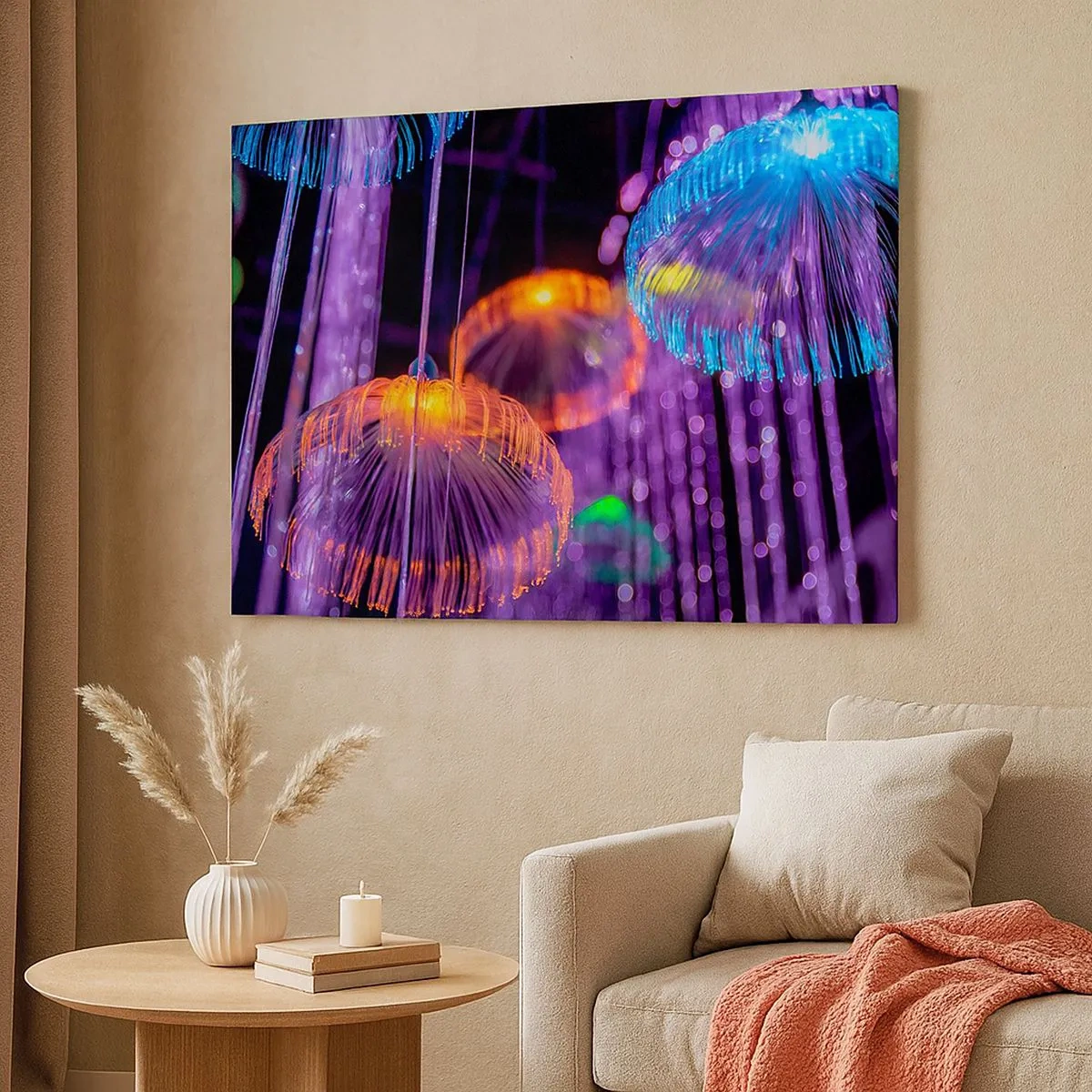 Bild auf Leinwand - Leinwandbild - Bunte leuchtende Quallen in einer dunklen Umgebung - 70x50cm - Lichtbrunnen - Moderne Wanddekoration für Wohnzimmer und Schlafzimmer ARTTOR