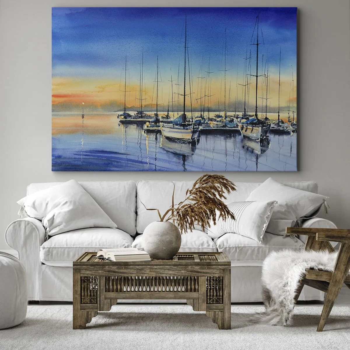 Bild auf Leinwand - Leinwandbild - Yachthafen bei Sonnenuntergang mit Spiegelungen auf dem Wasser - 70x50cm - Ende eines guten Tages - Moderne Wanddekoration für Wohnzimmer und Schlafzimmer ARTTOR