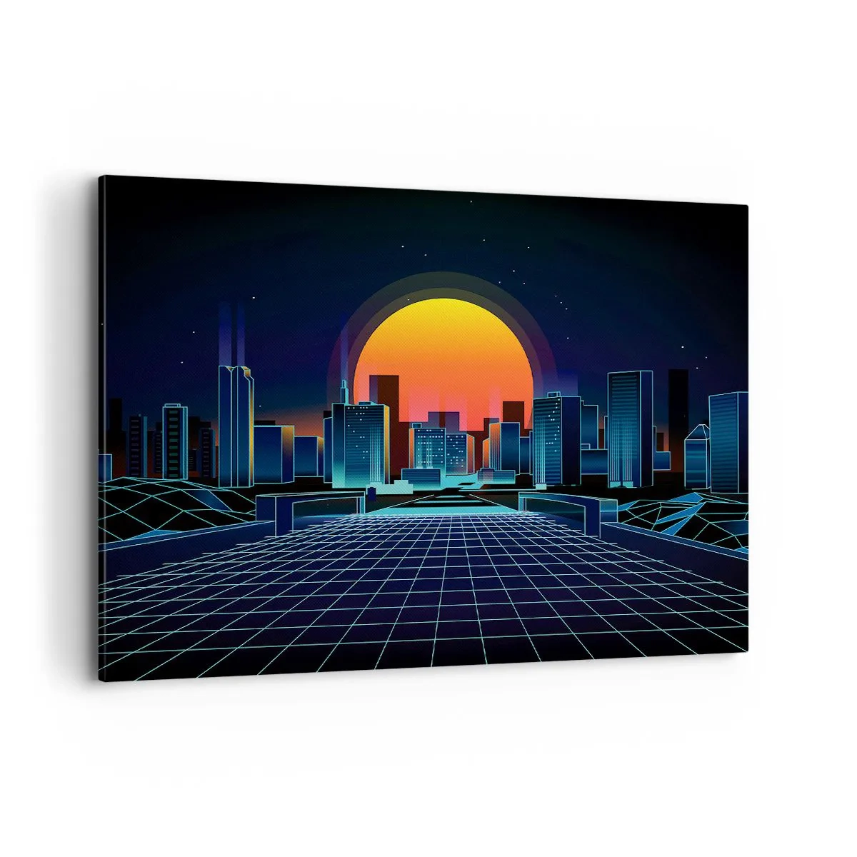 Bild auf Leinwand - Leinwandbild - Futuristische Skyline im Neon-Stil - 100x70cm - Willst du immer noch zu Real gehen? - Moderne Wanddekoration für Wohnzimmer und Schlafzimmer ARTTOR