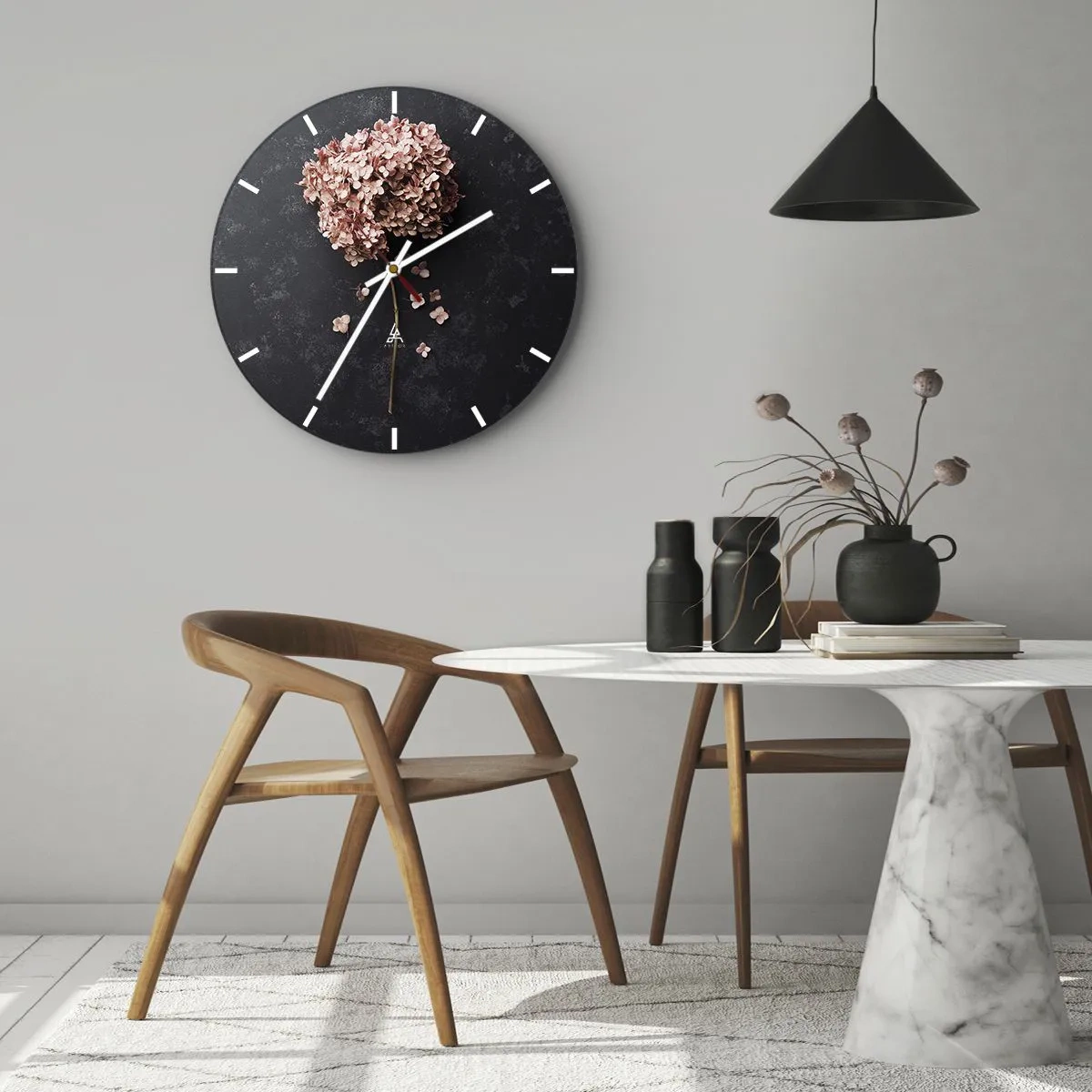 Wanduhr - Glasuhr - Rosa Hortensienblüte auf schwarzem Hintergrund - 30x30cm - Wirklich romantisches Zeichen - Moderne Wanddekoration für Wohnzimmer, Küche und Schlafzimmer ARTTOR