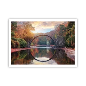Poster - Eine Steinbrücke in einer Herbstlandschaft über ruhigem Wasser - 100x70cm - Auf der anderen Seite des Spiegels - Moderne Wanddekoration für Wohnzimmer und Schlafzimmer ARTTOR
