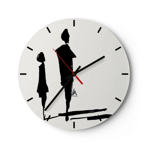 Wanduhr - Glasuhr - Schwarze Silhouetten zweier Figuren auf weißem Hintergrund im skizzenhaften Stil. - 30x30cm - Mit Sicherheit zusammen? - Moderne Wanddekoration für Wohnzimmer, Küche und Schlafzimmer ARTTOR