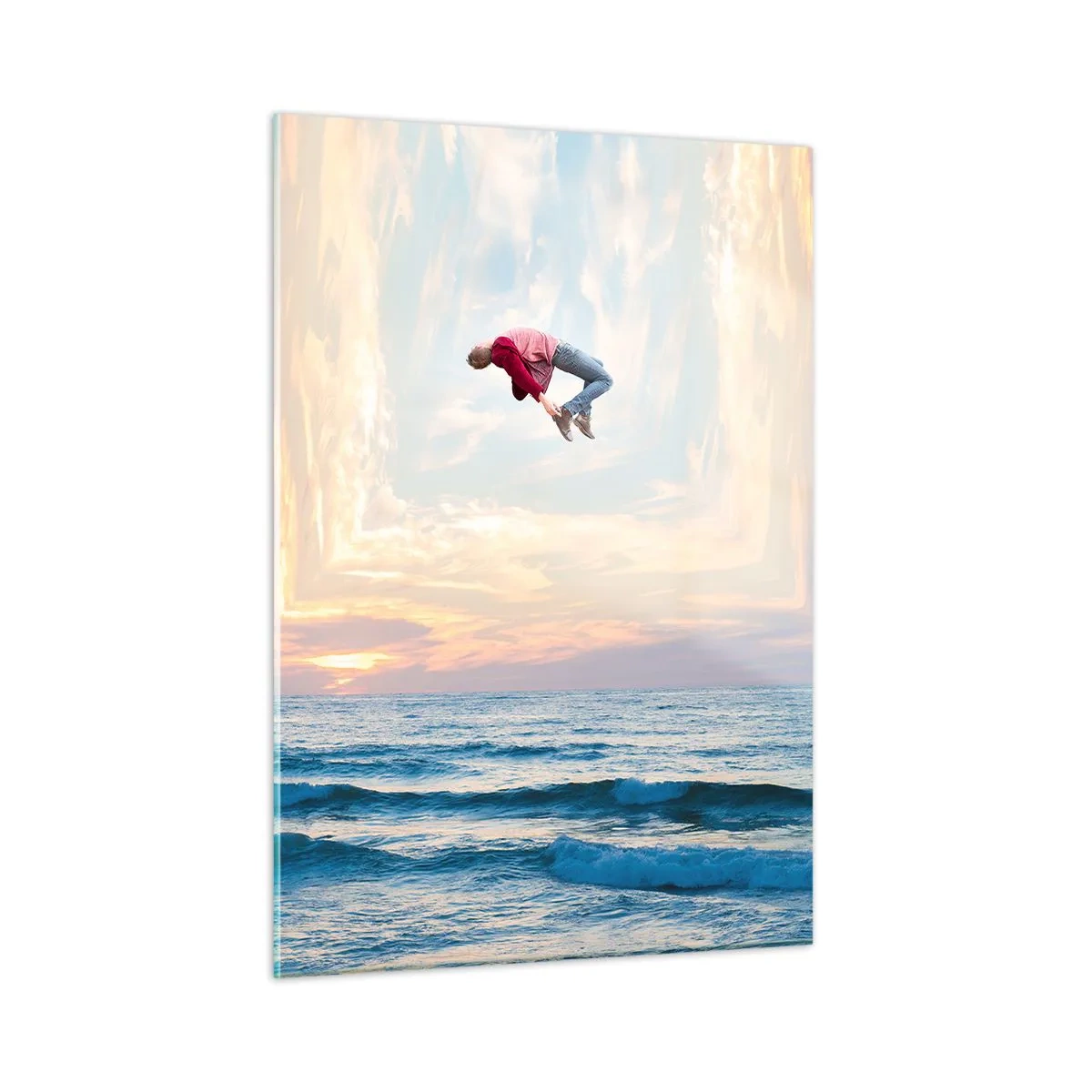 Glasbild - Bild auf glas - Ein Mann springt über das Meer in einem surrealistischen Rahmen - 50x70cm - In eine andere Dimension - Moderne Wanddekoration für Wohnzimmer und Schlafzimmer ARTTOR