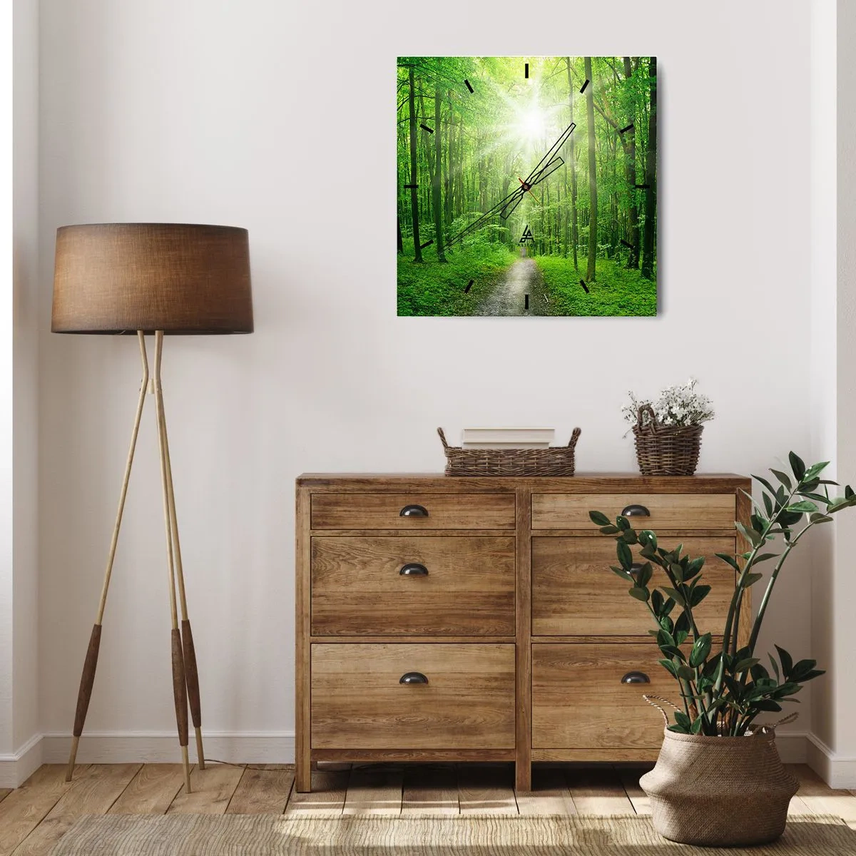 Wanduhr - Glasuhr - Pfad im Wald mit Sonnenstrahlen - 30x30cm - Die grüne Kathedrale - Moderne Wanddekoration für Wohnzimmer und Schlafzimmer ARTTOR