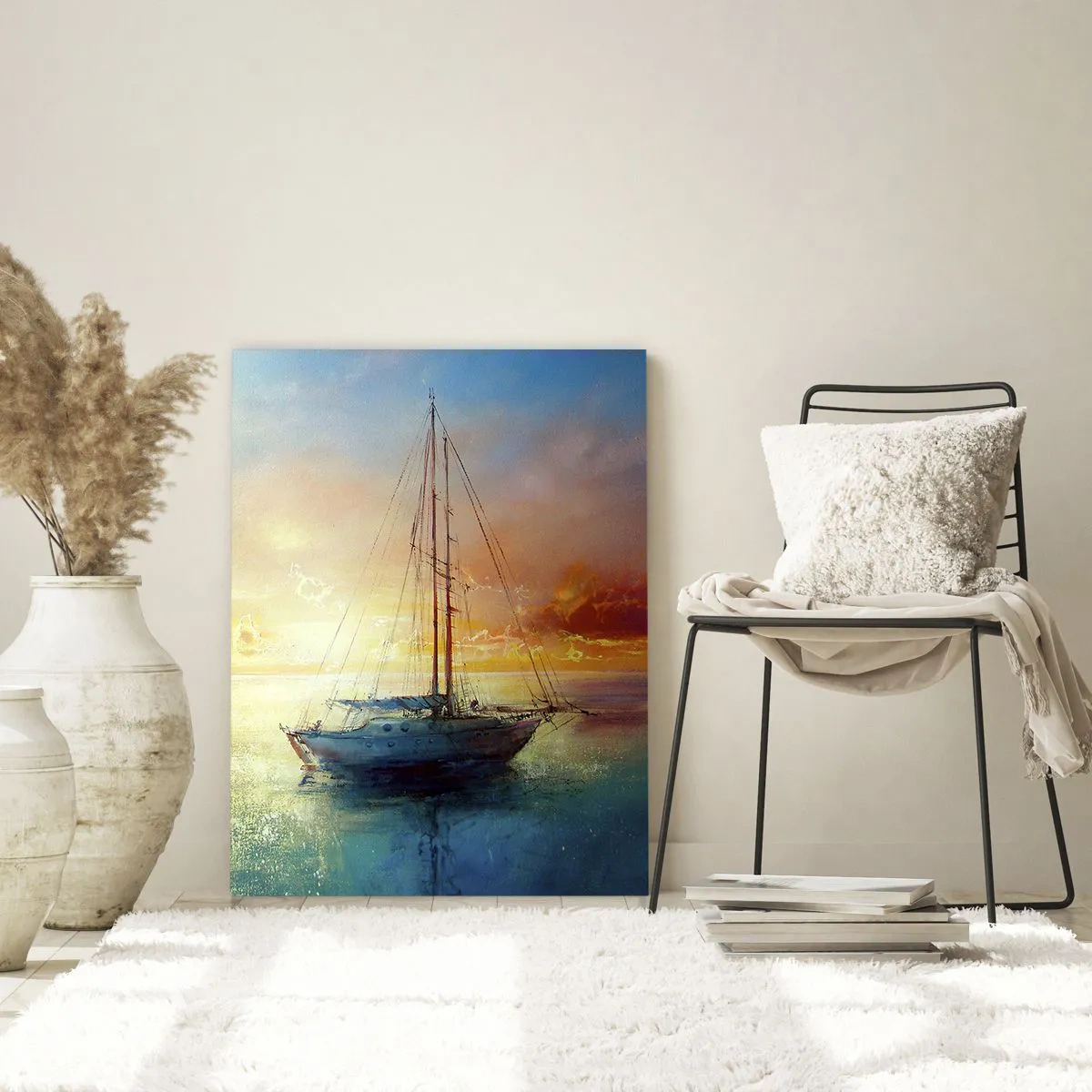Glasbild - Bild auf glas - Ein Segelboot auf ruhiger See bei einem goldenen Sonnenuntergang - 50x70cm - In einer goldenen Bucht - Moderne Wanddekoration für Wohnzimmer und Schlafzimmer ARTTOR