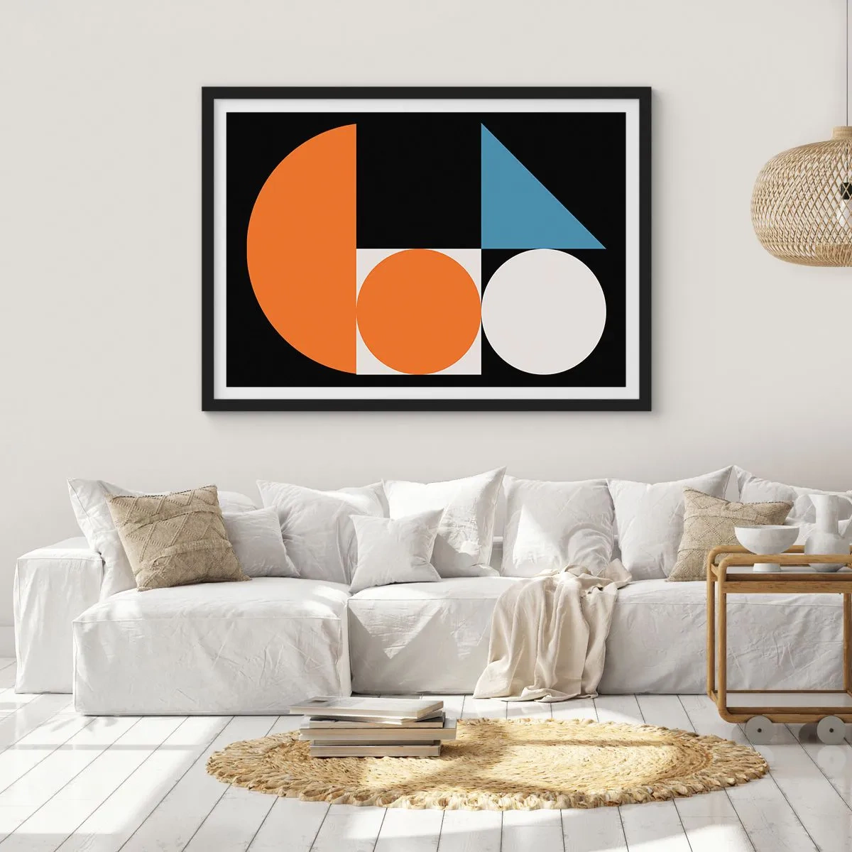Poster in einem schwarzem Rahmen - Geometrisches Muster mit bunten Formen auf schwarzem Hintergrund - 70x50cm - Bebilderte Anordnung - Moderne Wanddekoration für Wohnzimmer und Schlafzimmer ARTTOR