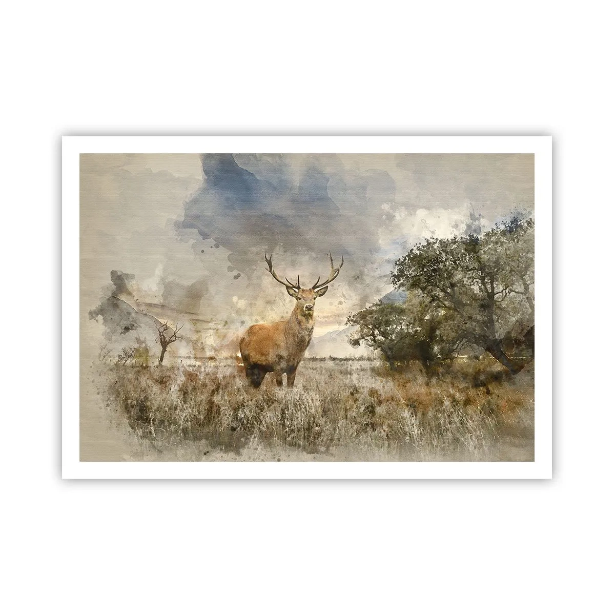 Poster - Ein Hirsch in einer natürlichen Umgebung im Aquarellstil - 100x70cm - Würde – Stärke – Würde - Moderne Wanddekoration für Wohnzimmer und Schlafzimmer ARTTOR