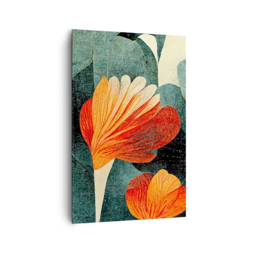 Bild auf Leinwand - Leinwandbild - Blüten in intensiven Orange- und Grüntönen - 80x120cm - Hitze der Tropen und Kühle des Grüns - Moderne Wanddekoration für Wohnzimmer und Schlafzimmer ARTTOR