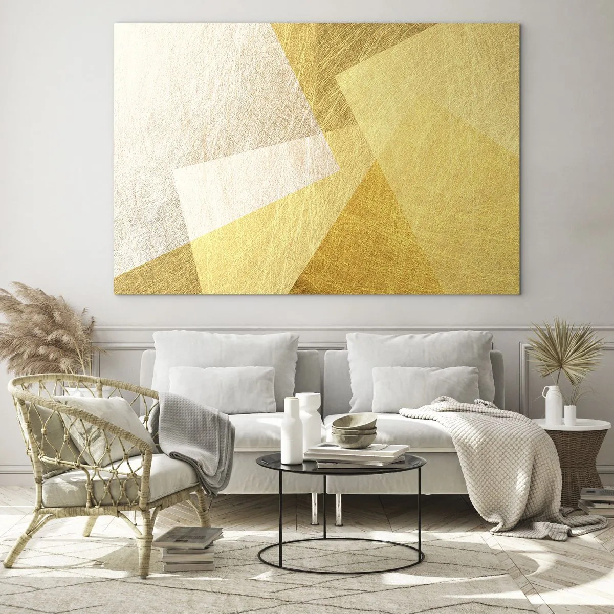 Glasbild - Bild auf glas - Goldene geometrische Formen mit einer metallischen und leichten Textur - 70x50cm - Geometriewetter - Moderne Wanddekoration für Wohnzimmer und Schlafzimmer ARTTOR