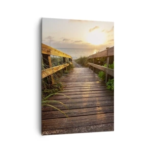 Bild auf Leinwand - Leinwandbild - Holzsteg zum Strand bei Sonnenuntergang - 70x100cm - Und direkt ans Ufer - Moderne Wanddekoration für Wohnzimmer und Schlafzimmer ARTTOR