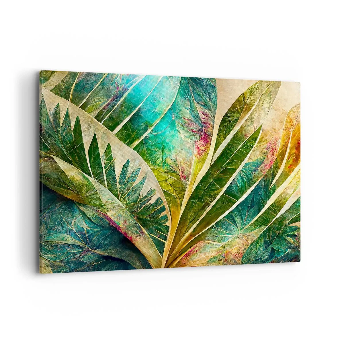 Bild auf Leinwand - Leinwandbild - Bunte tropische Blätter auf hellem Hintergrund - 100x70cm - Farben der Tropen - Moderne Wanddekoration für Wohnzimmer und Schlafzimmer ARTTOR