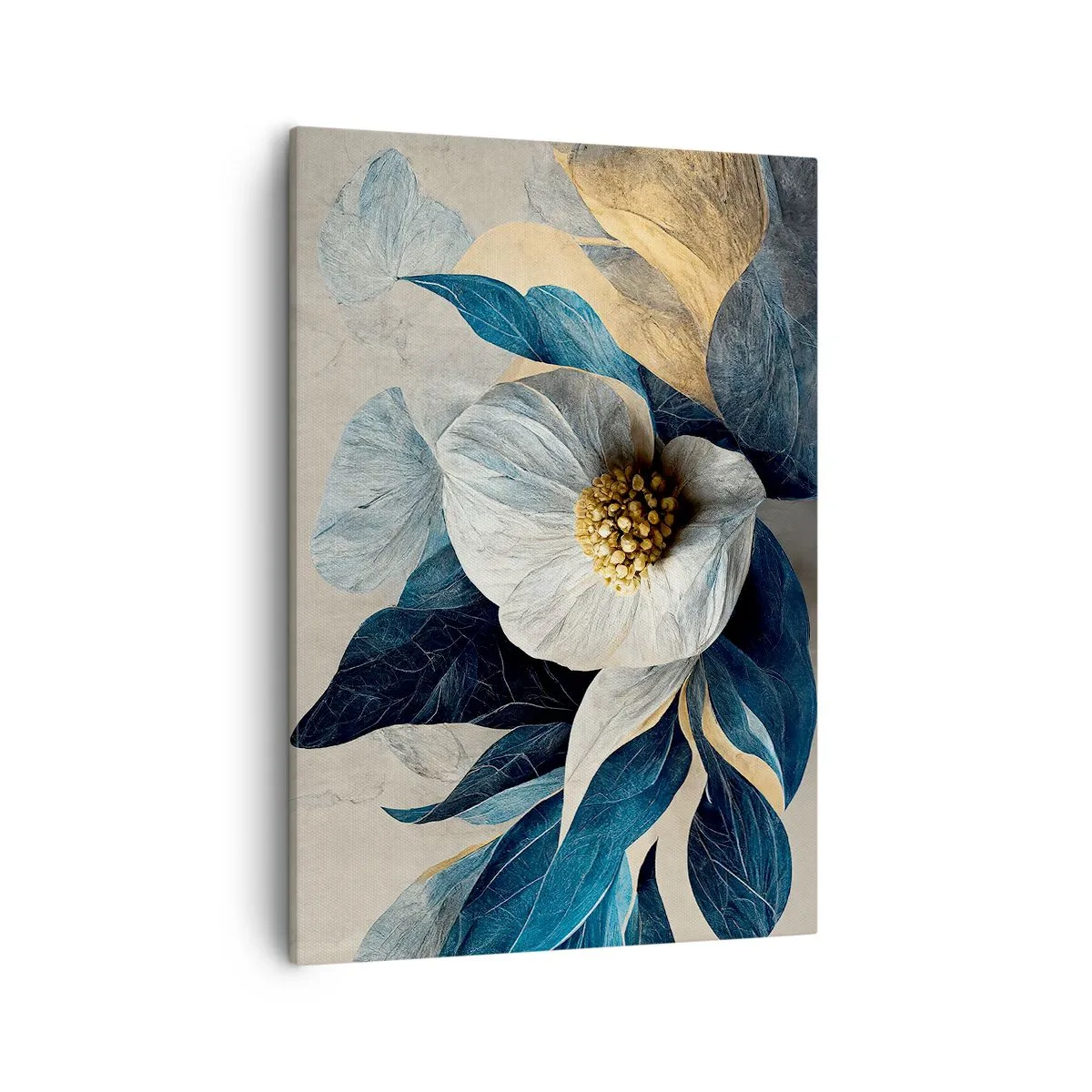 Bild auf Leinwand - Leinwandbild - Eine Blume mit blauen Blättern auf einem eleganten Hintergrund - 50x70cm - Er hat ein Herz aus Gold - Moderne Wanddekoration für Wohnzimmer und Schlafzimmer ARTTOR