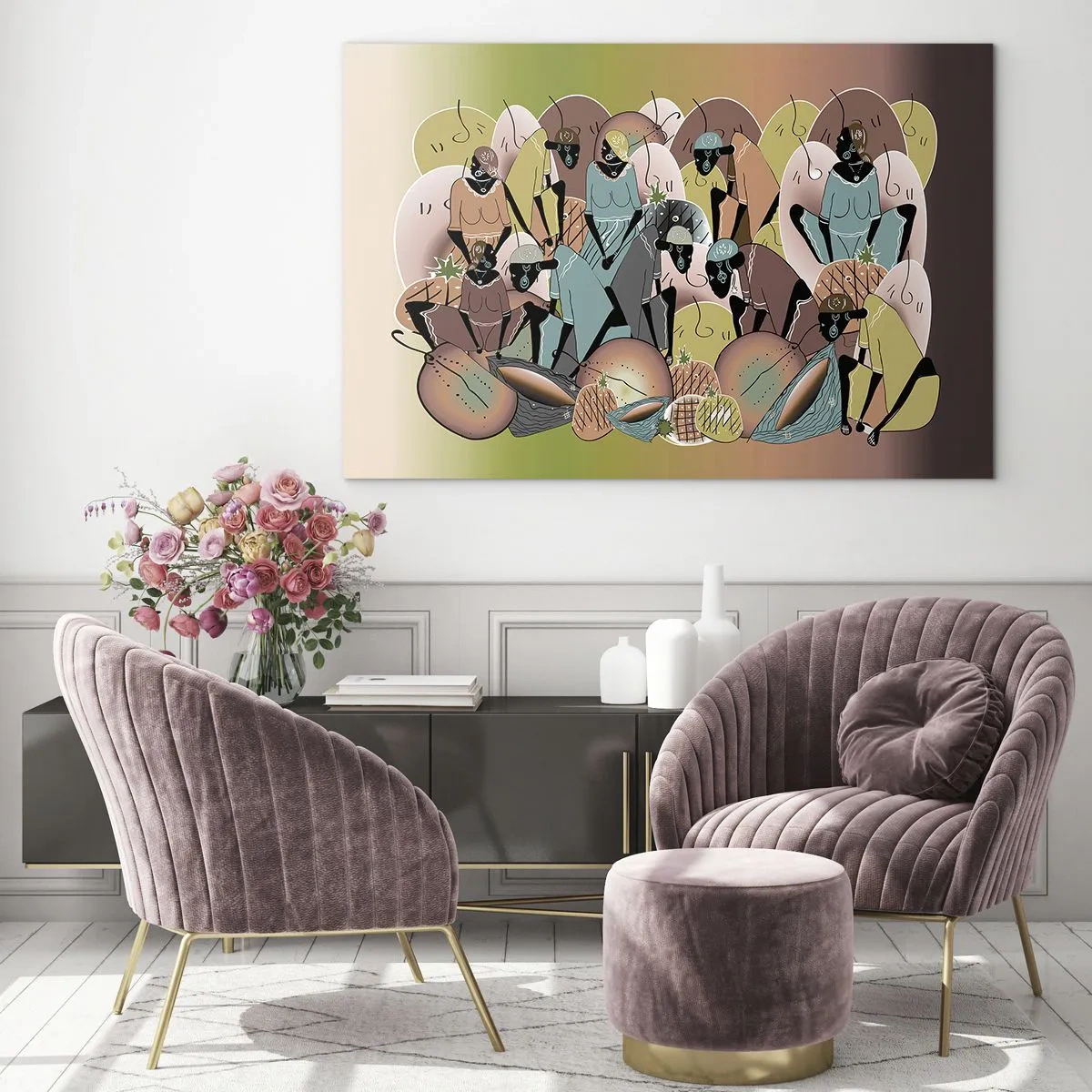 Glasbild - Bild auf glas - Eine abstrakte Illustration von Figuren in Beige-, Grün- und Rosatönen. - 70x50cm - Ein toller Urlaub steht bevor - Moderne Wanddekoration für Wohnzimmer und Schlafzimmer ARTTOR