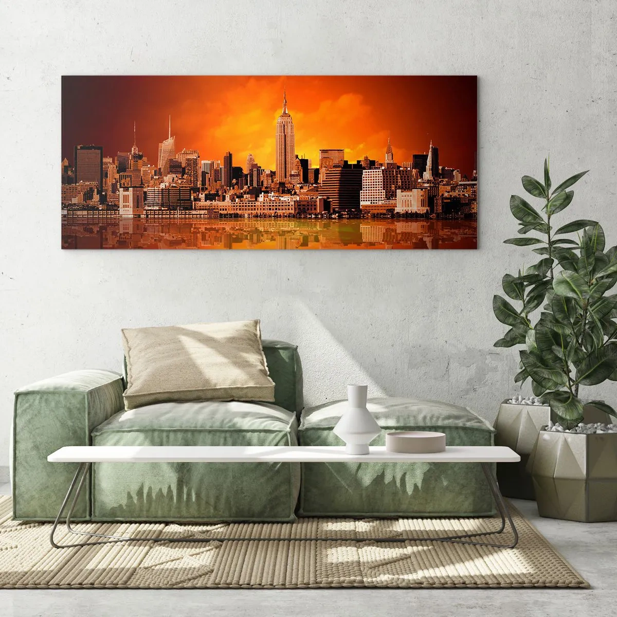 Glasbild - Bild auf glas - Panorama der Stadt bei Sonnenuntergang mit im Wasser reflektierten Gebäuden - 120x50cm - Das Großstadtpanorama in Gelb und Bronze - Moderne Wanddekoration für Wohnzimmer und Schlafzimmer ARTTOR