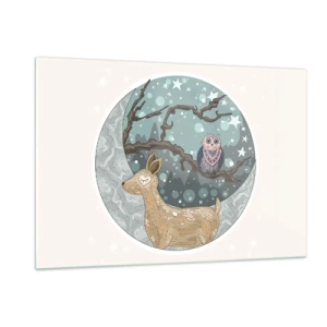 Glasbild - Bild auf glas - Illustration eines Hirsches und einer Eule in einer magischen Umgebung - 120x80cm - Eine märchenhafte Waldnacht - Moderne Wanddekoration für Wohnzimmer und Schlafzimmer ARTTOR